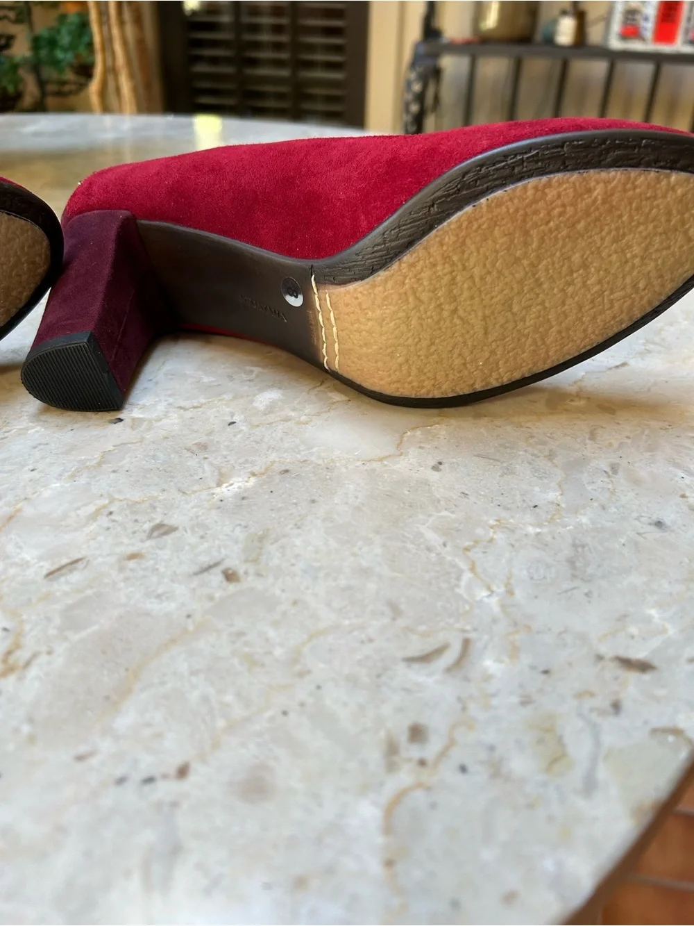 Aquatalia Burgundy Suede Block Heel Pumps with Gold Studs